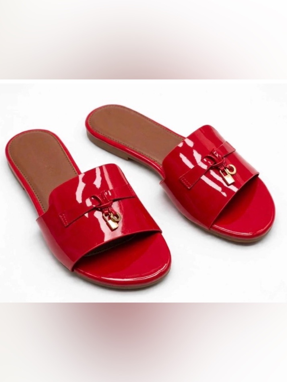 Red Patent Slide Sandals with Gold Accent - Women